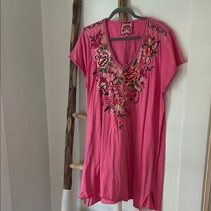 Johnny Was Pink Floral Embroidered V-Neck Cotton Short Sleeve T-Shirt Dress XL